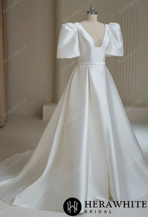 Mikado Square Neck and Puff Sleeve Wedding Dress