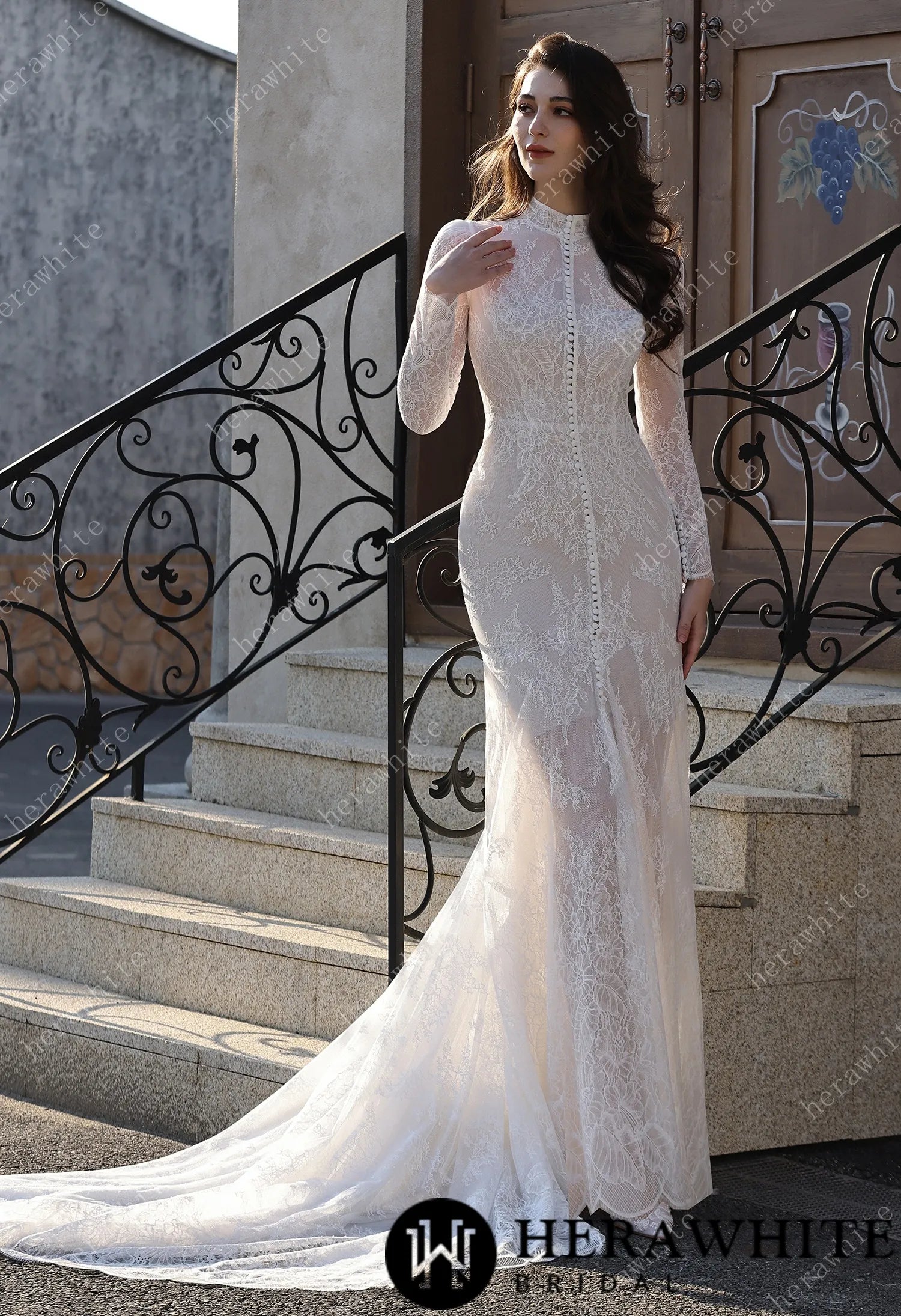 High Neck Lace Overcoat with Short Lined Bridal Ensemble HW3803-L