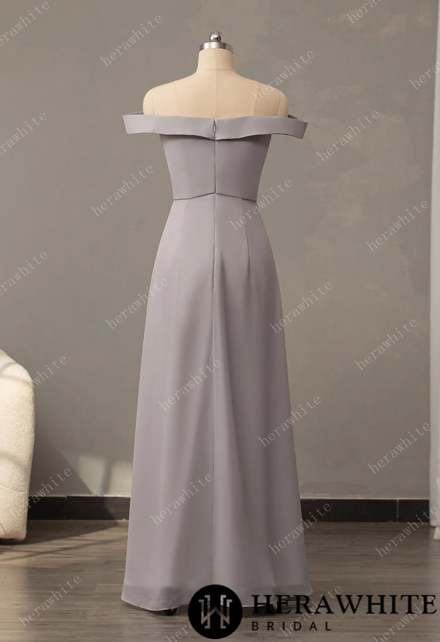 Off The Shoulder Chiffon Bridesmaid Dresses Long Split A-Line Floor Length Ruched Pleated Lace up