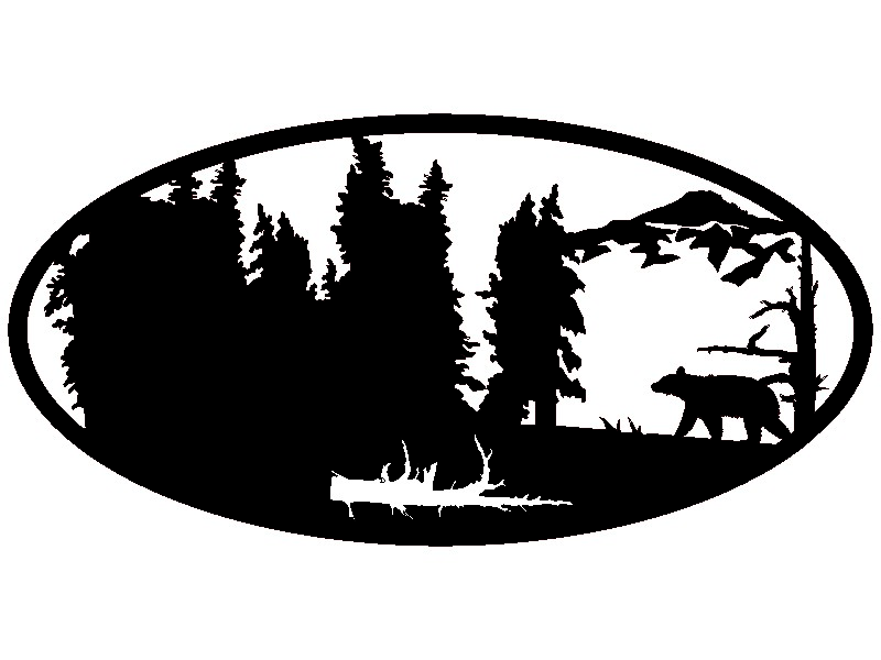 METAL Bear, mountain and tree oval scene