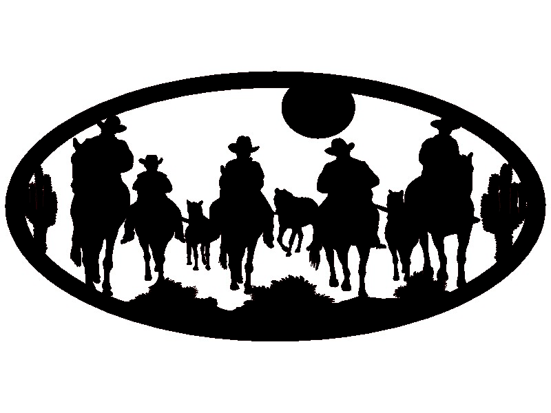 METAL Cowboys, horses cactus and moon oval scene