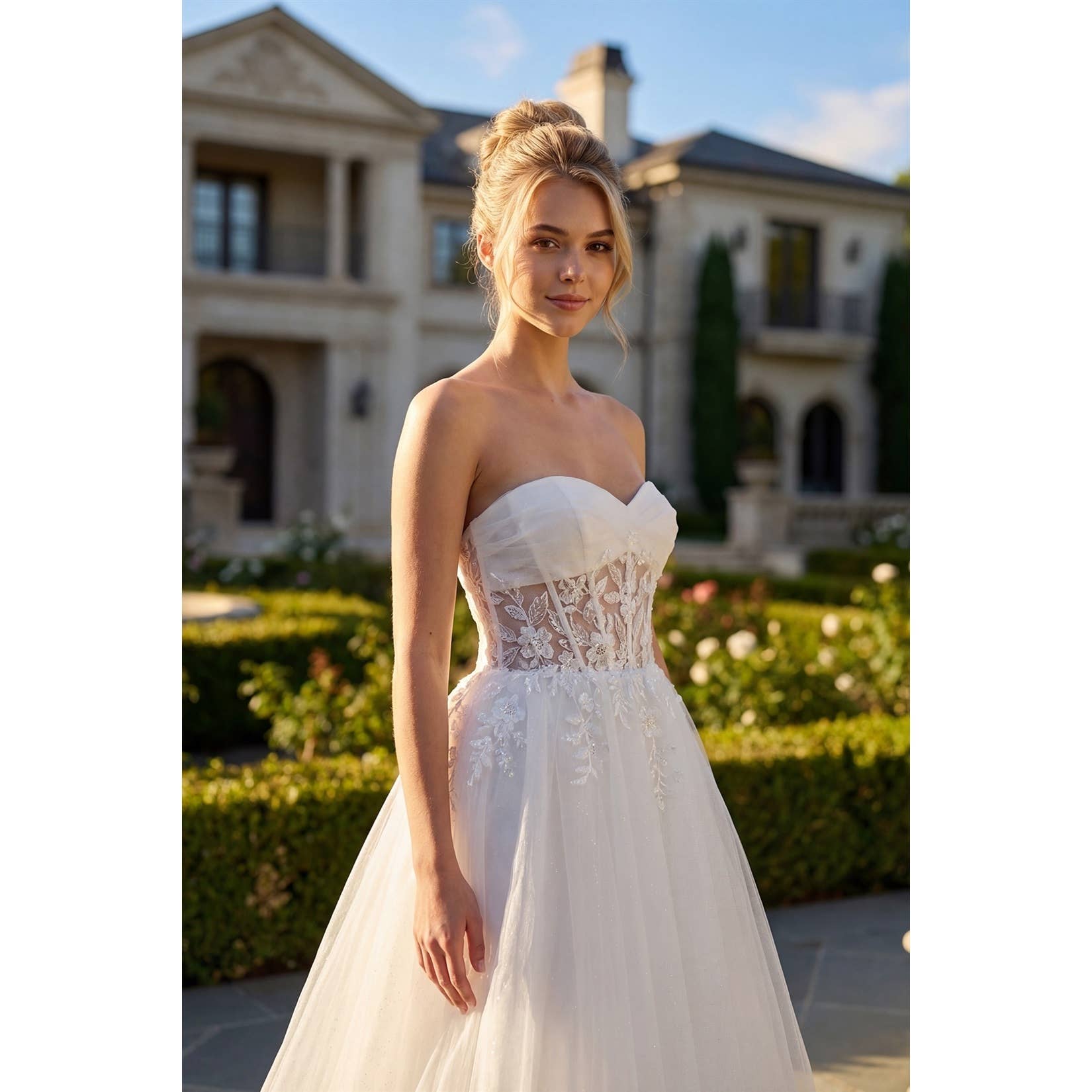 MESH STRAPLESS GOWN WITH SHEER EMBROIDERED LACE WAIST