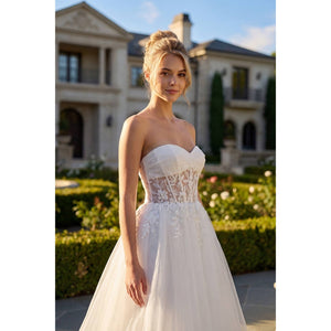 MESH STRAPLESS GOWN WITH SHEER EMBROIDERED LACE WAIST