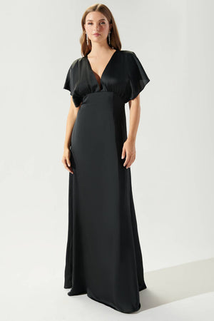 Darling Flutter Sleeve Cut Out Satin Maxi Dress: Champagne / M