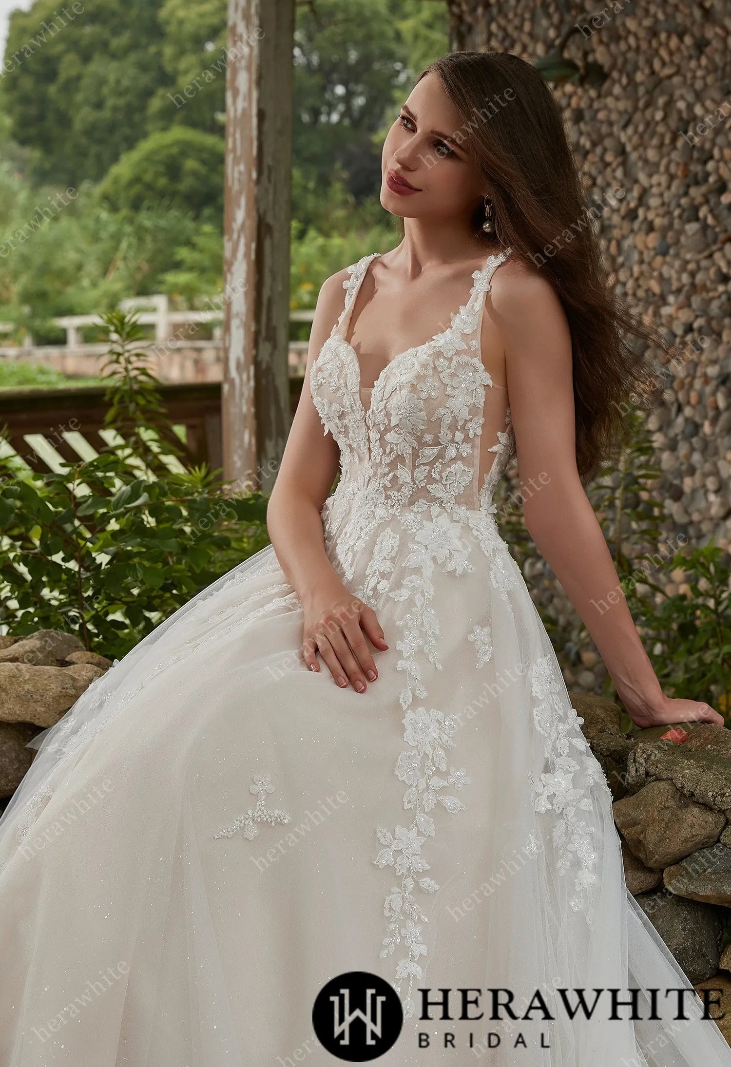 Appliques Tulle V-Neck Straps And Grace Wedding Dress