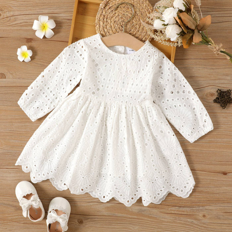 Baby Girl Solid White Hollow Out Long-sleeve Dress
