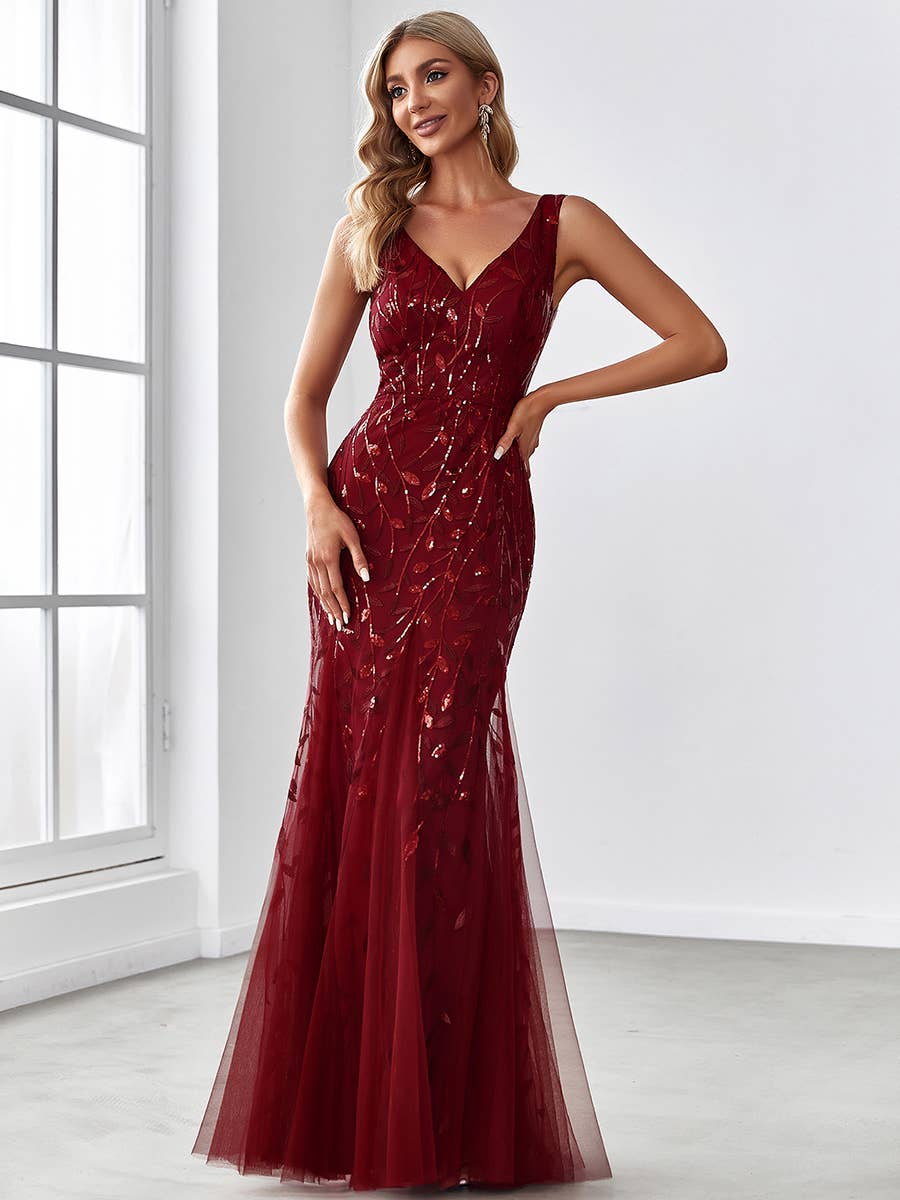 Classic Fishtail Sequin Mesh Evening Dress