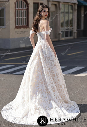 Romantic Off-the-Shoulder  Princess Dress In Floral Lace HW3824