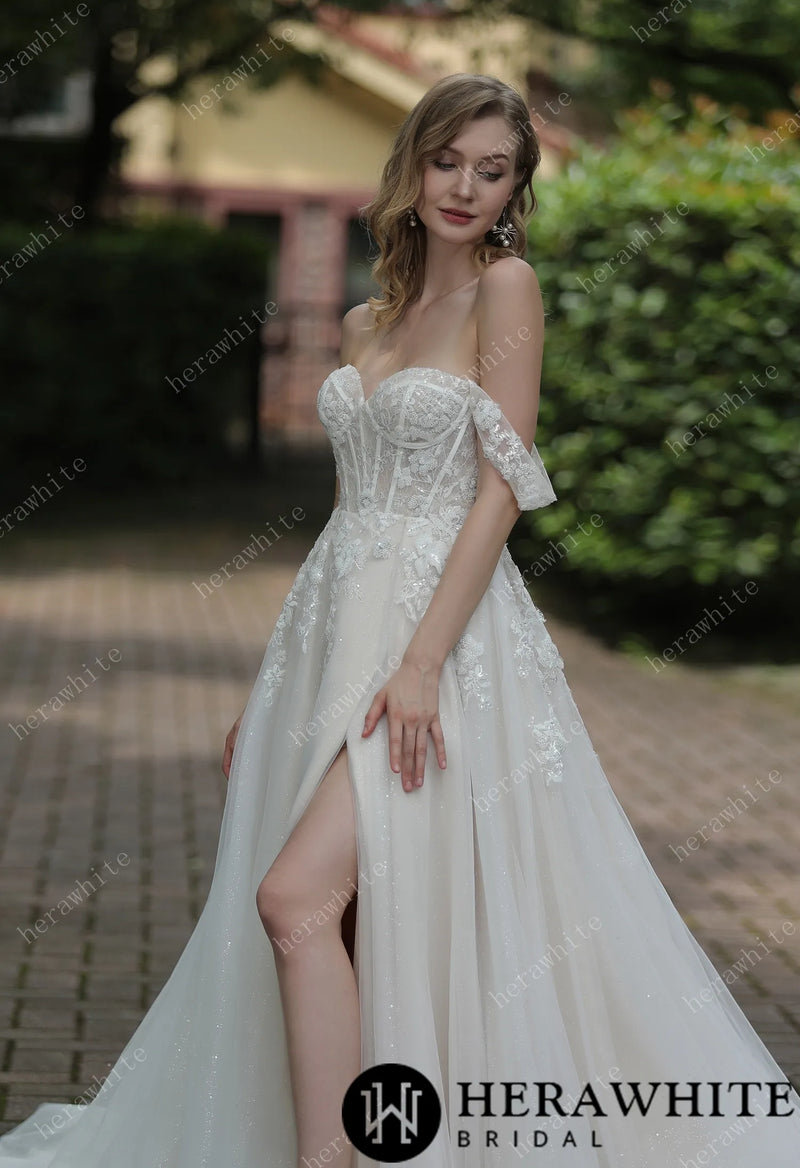 Tulle Off-The-Shoulder Sweetheart Lace Ballgown With Slit