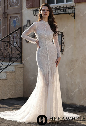 Embellished Mermaid Plunging Neckline Wedding Gown with Scallop Train HW3853
