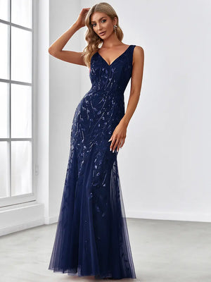 Classic Fishtail Sequin Mesh Evening Dress