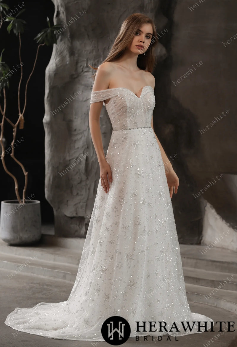 Sparkly Beaded Lace A-Line Bridal Gown With Off the Shoulder Neckline