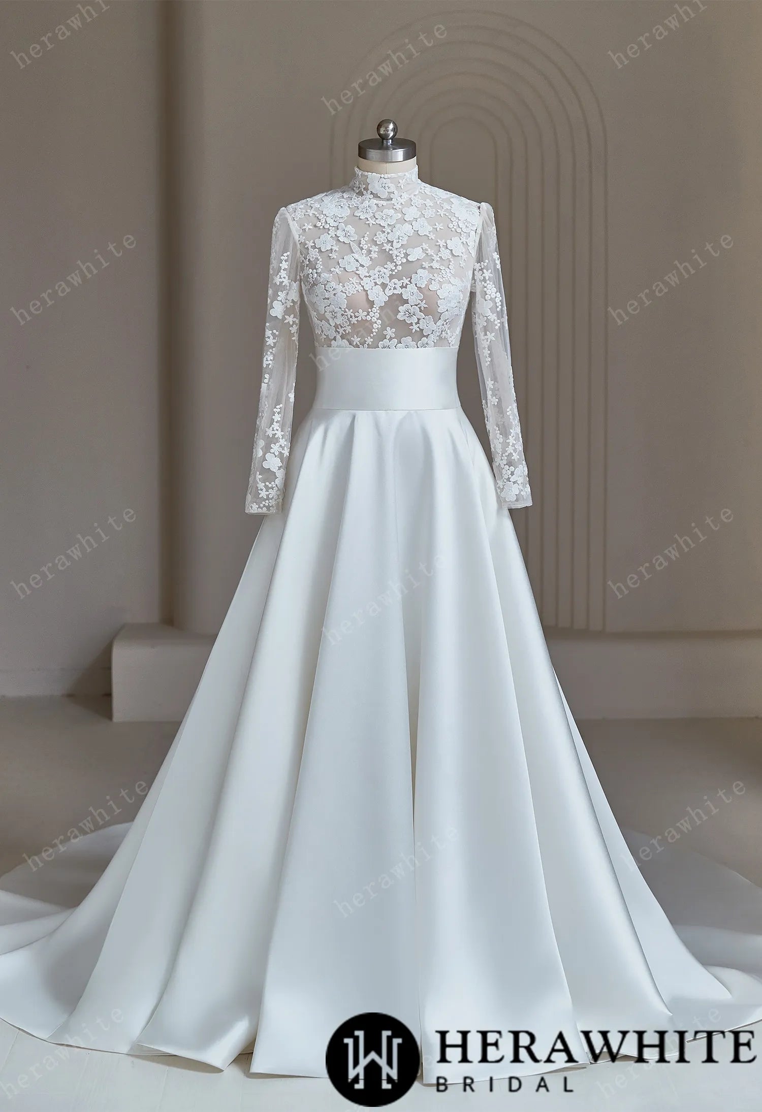 High-neck Modest Ivory Lace Satin Wedding Dress