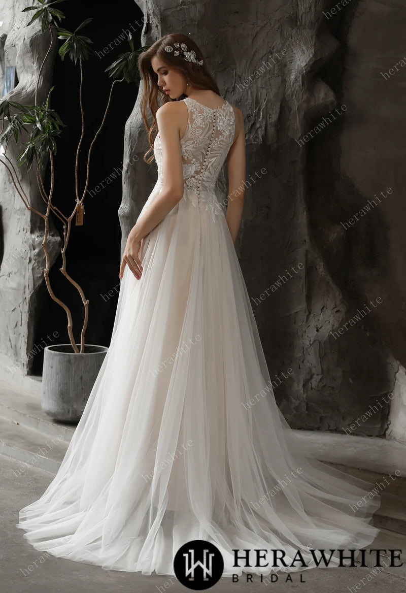 Bateau Neckline A-line Wedding Gown with Sequined Lace