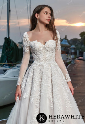 Elegant Vine Long Sleeve Sweetheart Wedding Dress