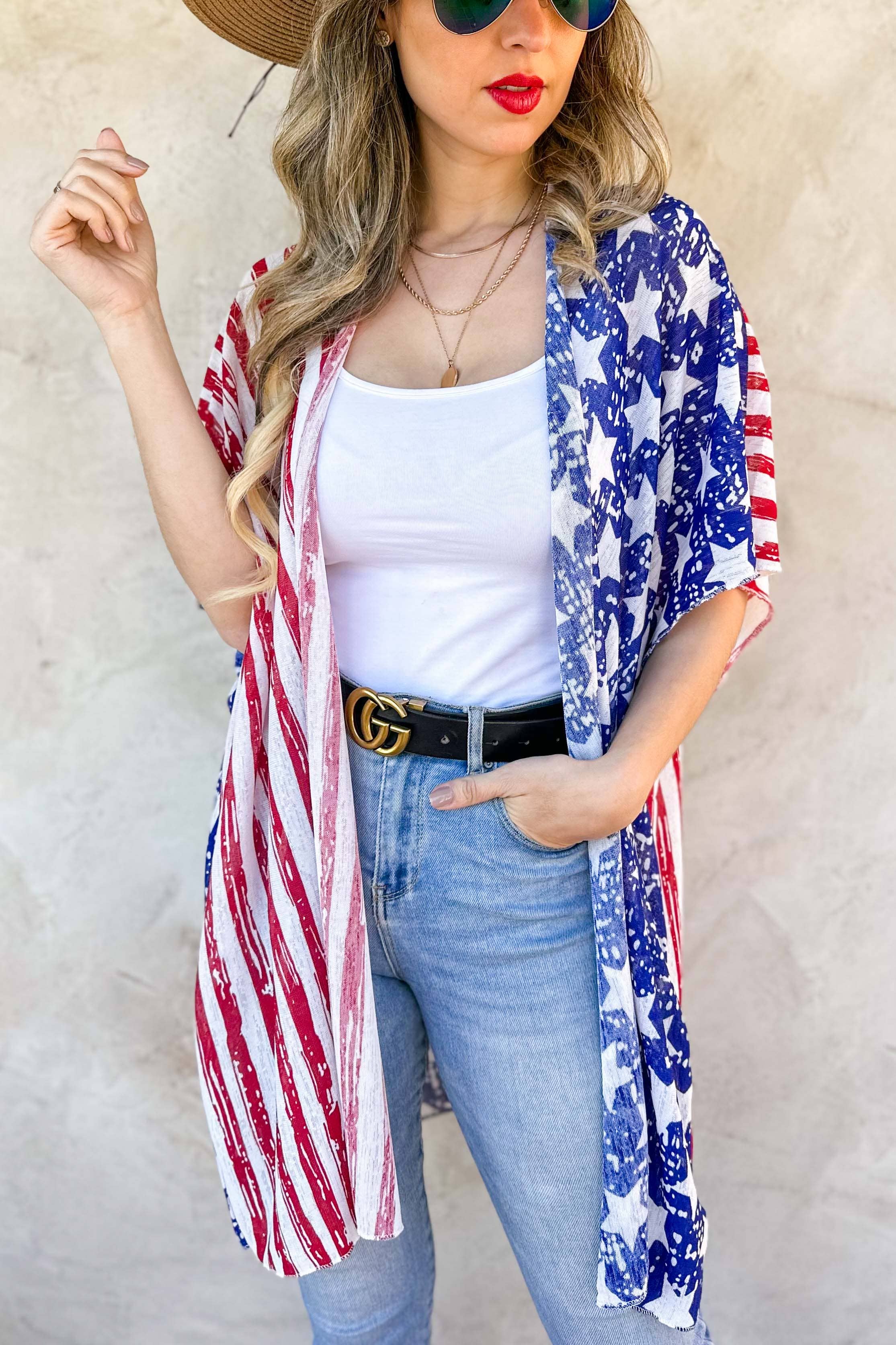 🌸4th Of July American Flag Printed Knitted Kimono Cardigan