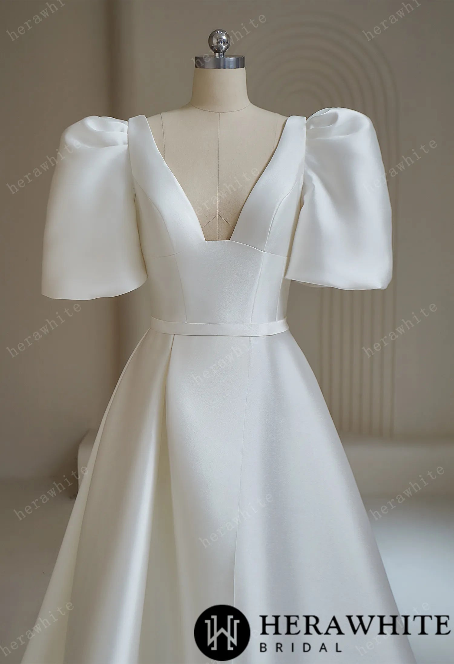 Mikado Square Neck and Puff Sleeve Wedding Dress