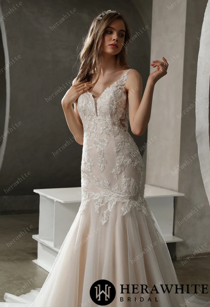 Plunging V-neck Mermaid Wedding Dress with Illusion Square Back