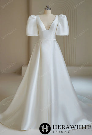 Mikado Square Neck and Puff Sleeve Wedding Dress