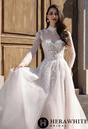 Strapless Sweetheart Beaded Lace Wedding Dress With High illusion Neck HW3841
