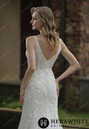 Classic V-Neck Allover Lace Fit And Flare Wedding Dress