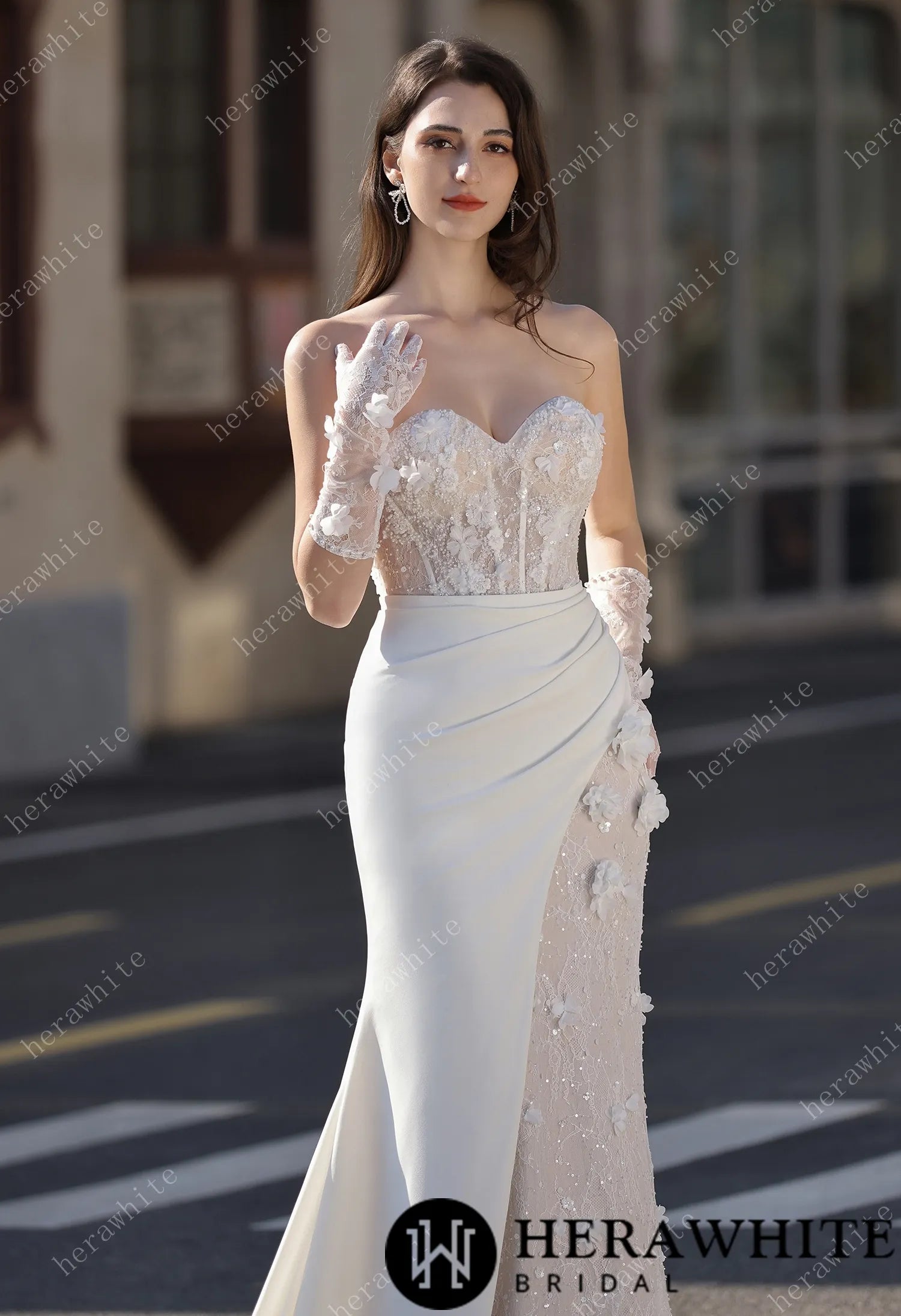 High Neck Lace Mermaid Bridal Gown with Buttons Placket HW3803-N+L