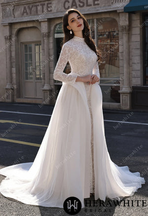 Elegant High-Neck Sequin Lace Sheath Gown with Detachable Sheer Train HW3843