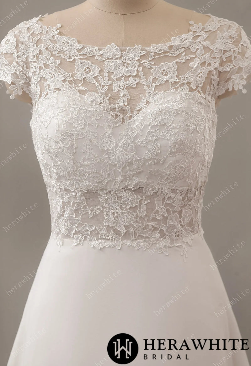 Chiffon Lace A-Line Wedding Dress with Cap Sleeve