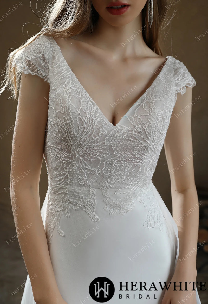 Crepe Sheath Wedding Dress with Lace Cap Sleeves