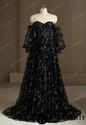 Luxury 3D Lace Appliqué Embroidery Detachable Sleeve Black Wedding Dress