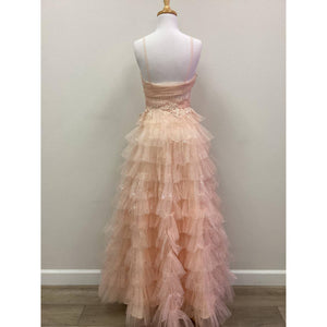 SPARKLE RUFFLE TULLE GOWN WITH SWEATHEART NECKLINE AND SHEER