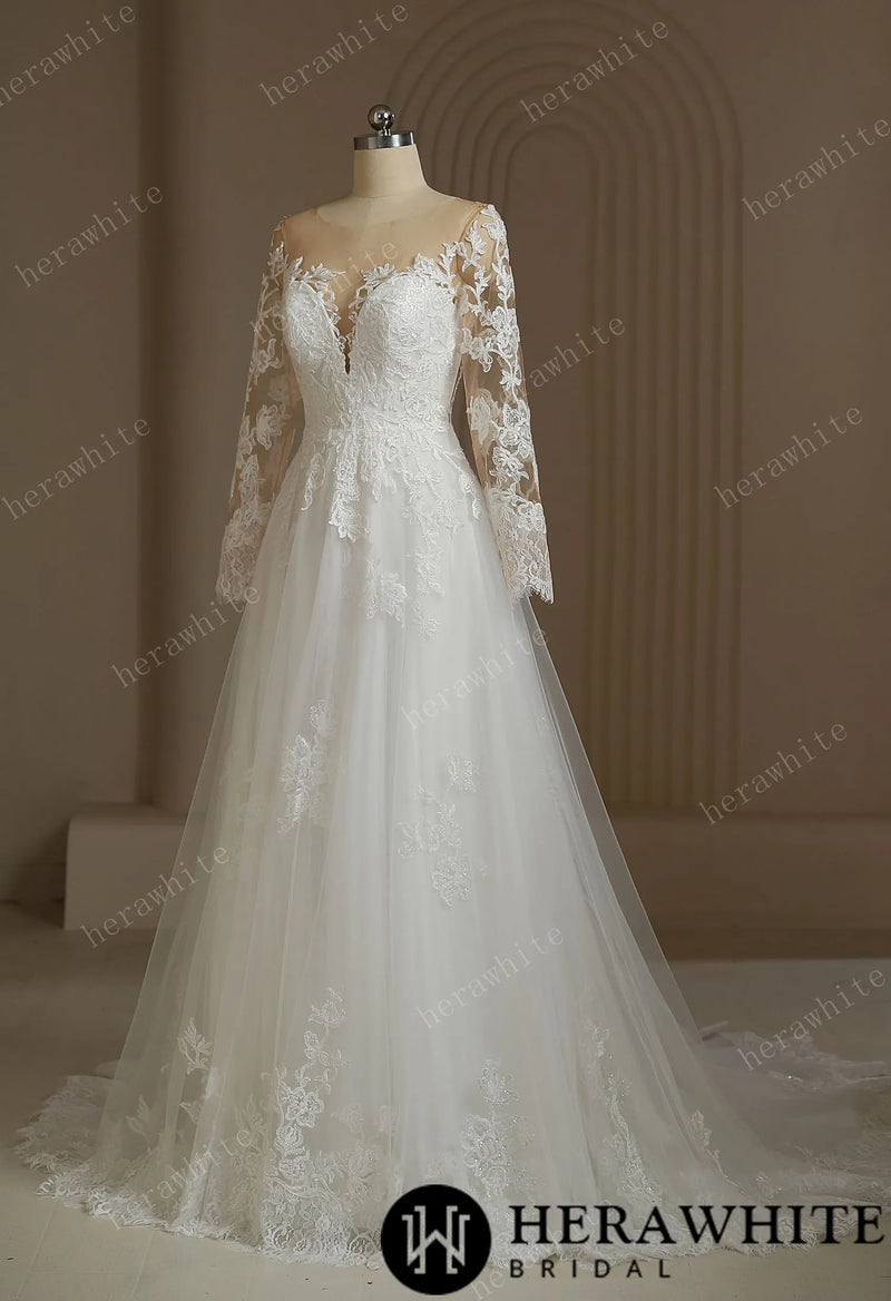 Romantic Sweetheart Long Sleeve Illusion Back Wedding Dress