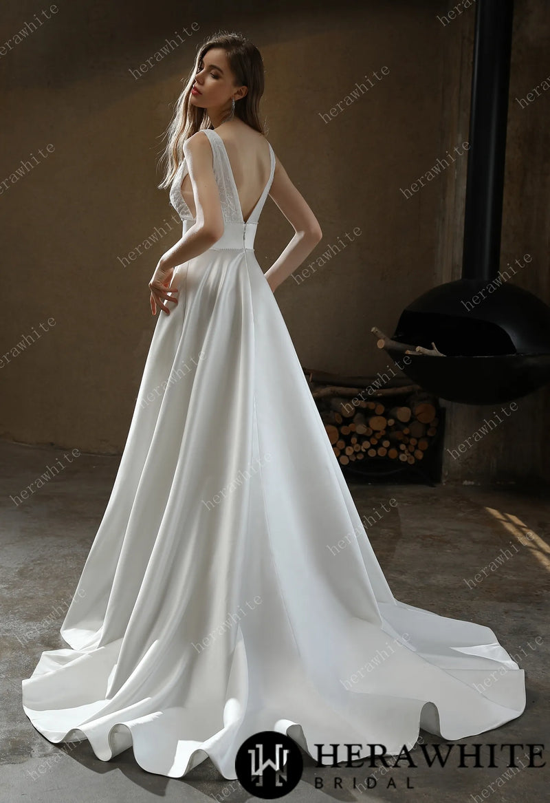Timeless Satin V-neck Bridal Gown with Chapel Train