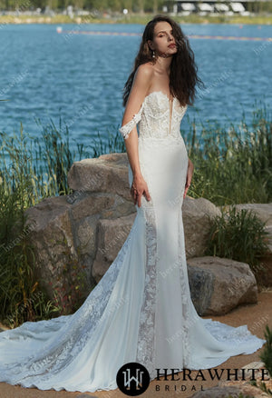 Alluring Off The Shoulder Sleeve Lace Fit-and-Flare Wedding Dress With Open Back