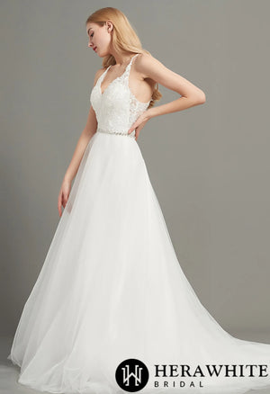 Romantic Open Back V-Neck Wedding Gown With Beading Belt