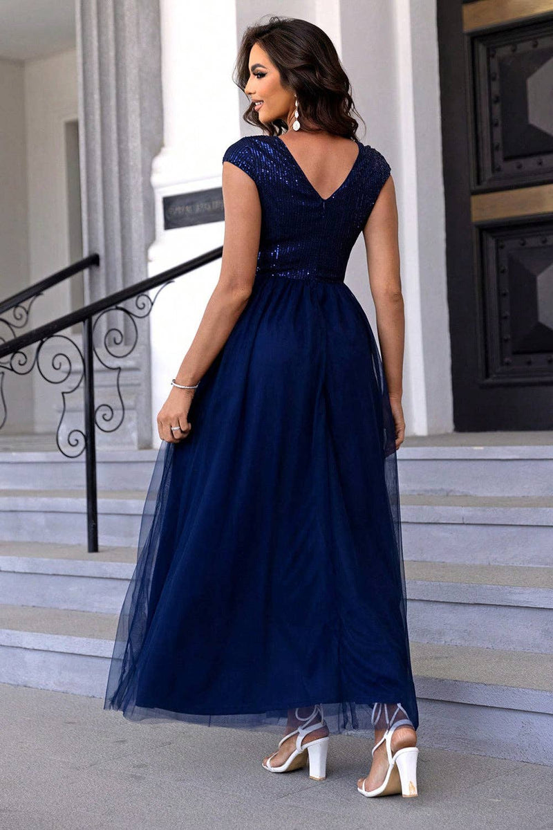 Sequin V-Neck Mesh Maxi Dress: Navy / XS
