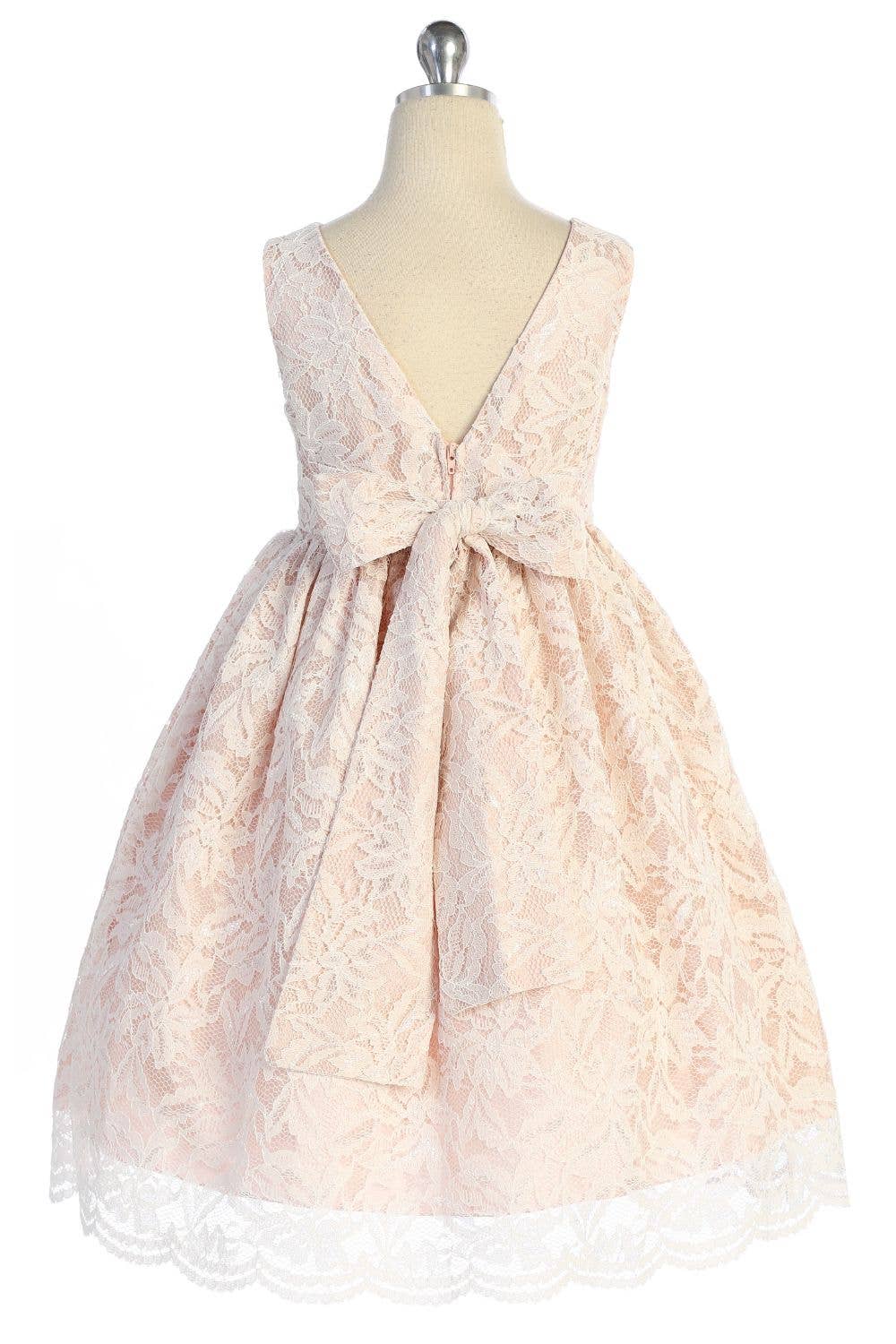 All Lace Girls Dress with V Back & Bow and Plus Sizes