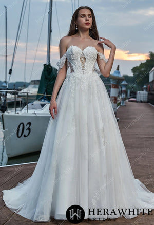 Hollow Appliques Off Shoulder And Sweetheart Wedding Dress