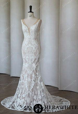 Boho Lace Mermaid Wedding Dress With Deep Plunging V Neck