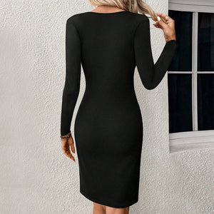 Mid-waist pleated solid color mid-length dress