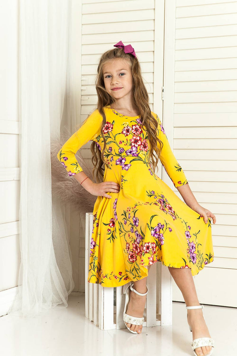 Girl's Princess Seam A-Line Dress with Full Skirt: MUSTARD FLORAL / XL (11/12Y)