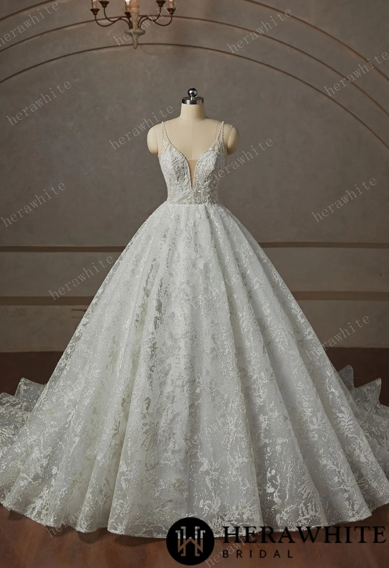 Princess Beaded Deep-plunge Ball Gown Wedding Dress