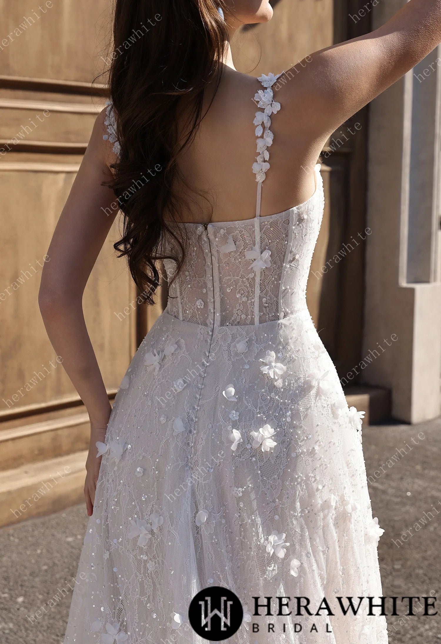 3D Floral Sparkle Lace  Wedding Dress With Straight Across Neckline HW3833
