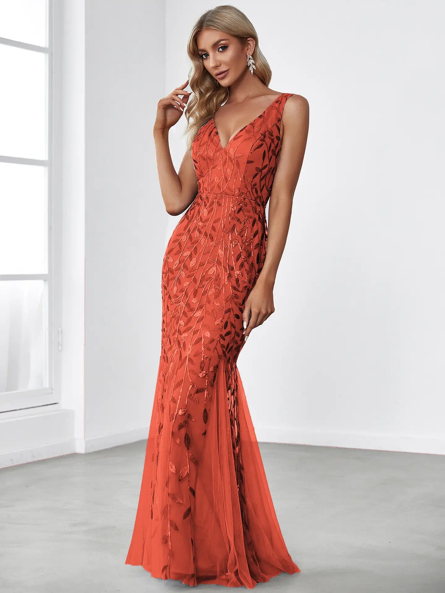 Classic Fishtail Sequin Mesh Evening Dress