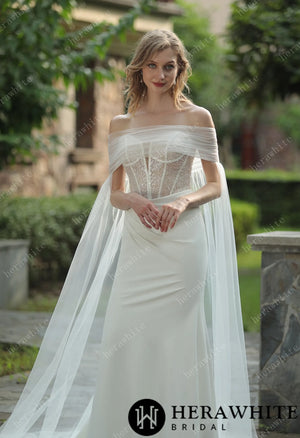 Plunging V-neck Beaded Crepe Fit And Flare Wedding Dress