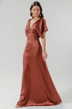 Darling Flutter Sleeve Cut Out Satin Maxi Dress: Champagne / M