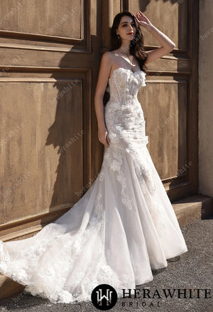 Off-the-Shoulder  3D Flower Lace Fit And Flare Wedding Dress HW3809
