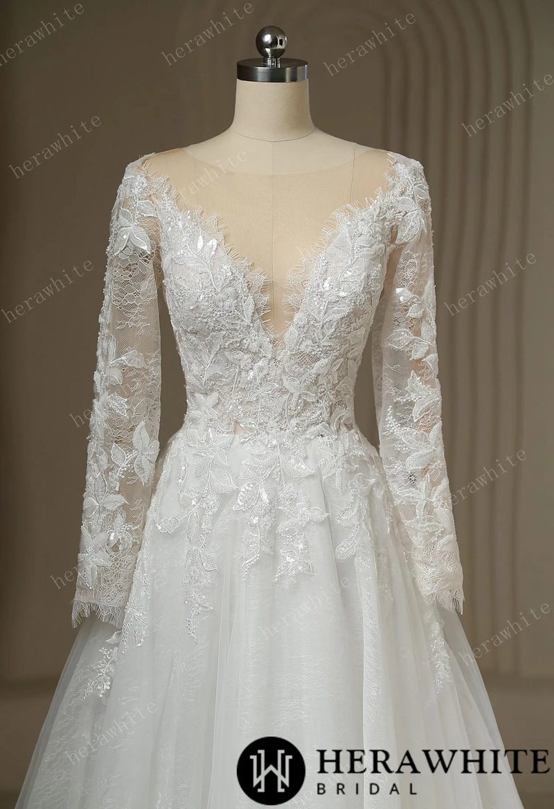 Ilusiion Lace Long Sleeve Sparkly Wedding Dress