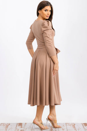 HH698R-LS-S- Puff 3/4 Sleeve Midi Cocktail Dress