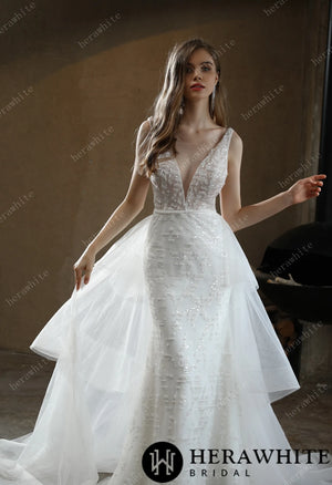 Allover Beaded Sheath Wedding Dress with a Ruffled Skirt